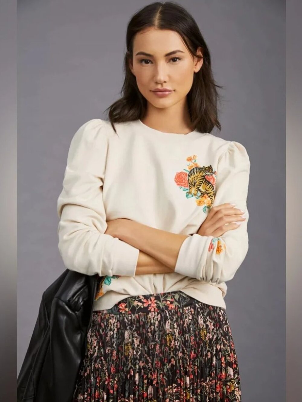 Anthropologie Back When Tiger Cotton Puff Sleeve Graphic Sweatshirt Sz. S